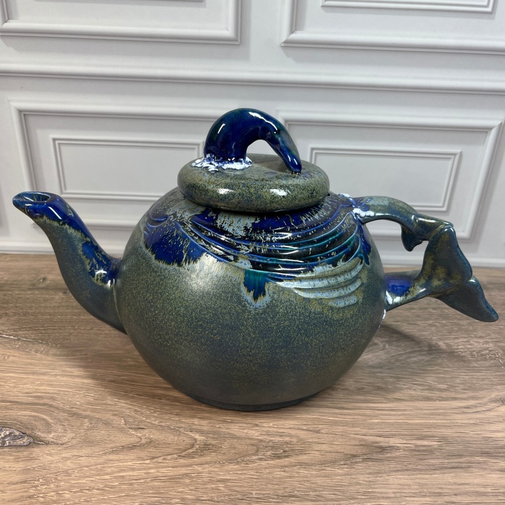 Vintage 1983 Doug Wylie Signed Studio Pottery Whale Teapot Blue Glazed Nautical